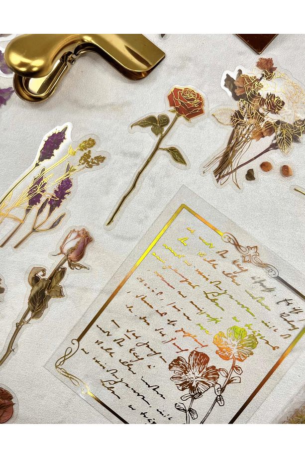Nature Notes Series The Memory Of Flowers 40 Adet Altın Yaldızlı Şeffaf Pet Sticker /su Geçirmez - 5