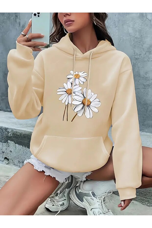 Women's Beige Three Daisies Printed 3 Thread Hooded Hoodie Sweatshirt