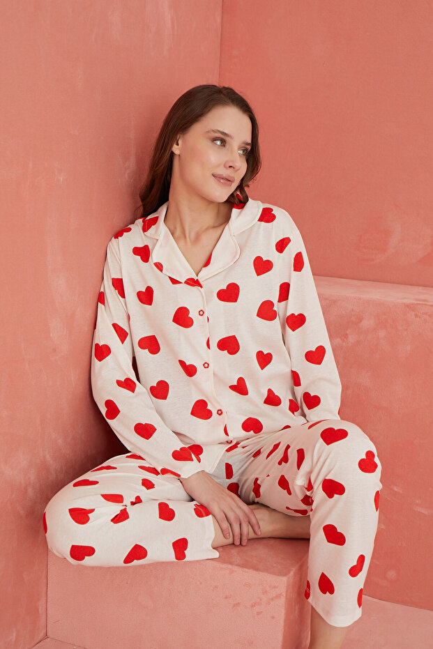 Ecru Long Sleeve Knitted Pajama Set - Heart Pattern and Buttoned Front - 1