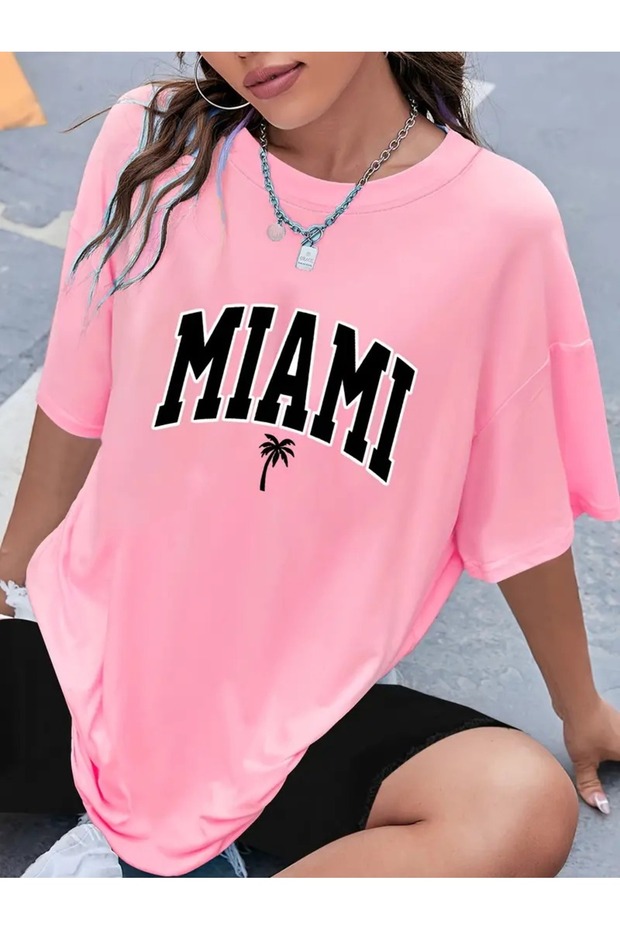 Women's Pink Miami Palm Tree Printed Oversize T-Shirt