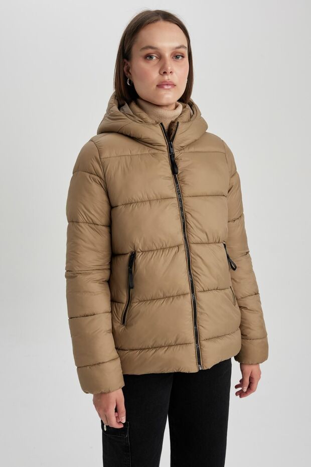 Water Repellent Regular Fit Hooded Zipper Closure Pocket Puffer Puffer Jacket A3163Ax23Wn