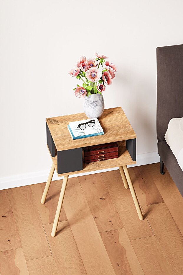 Ahşap Ayaklı Dekoratif Raflı Komodin - Atlantik Çam - Antrasit Gri - 3