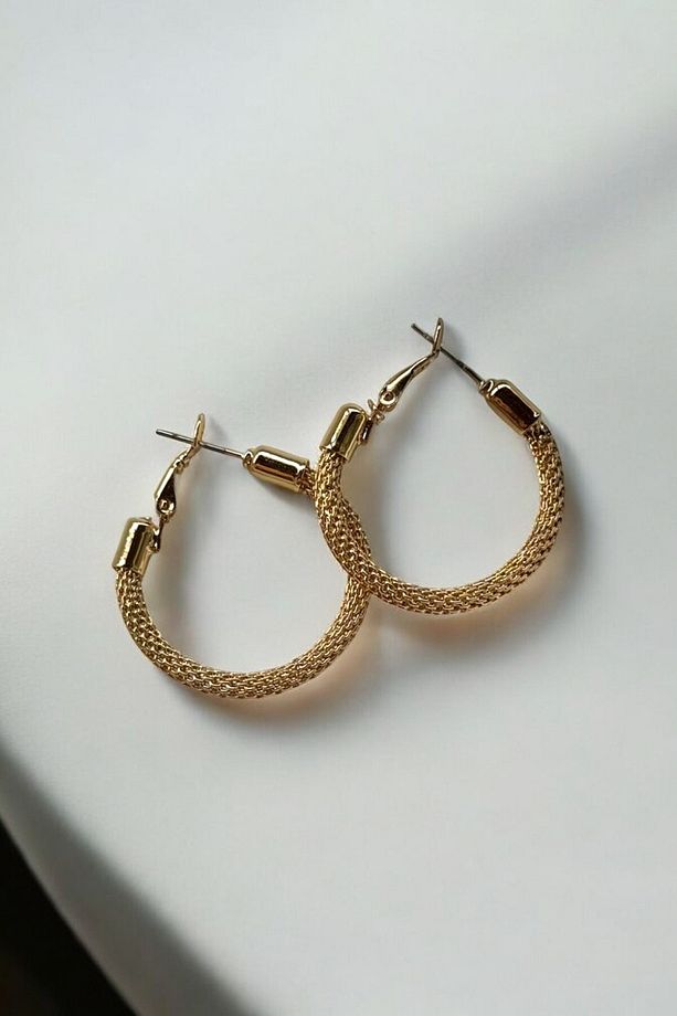 Büyük Hasır Halka Küpe Gold - Hasır Model Simli Örgü Model Gold Halka Küpe - 1