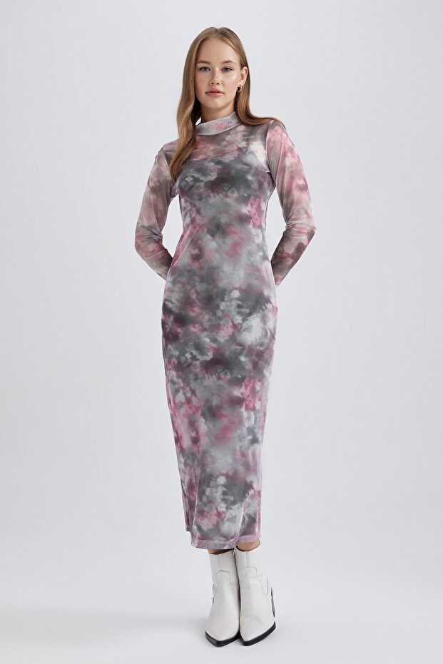 Coool Bodycon Half Turtleneck Long Sleeve Print Tulle Maxi Dress B2504Ax23Au
