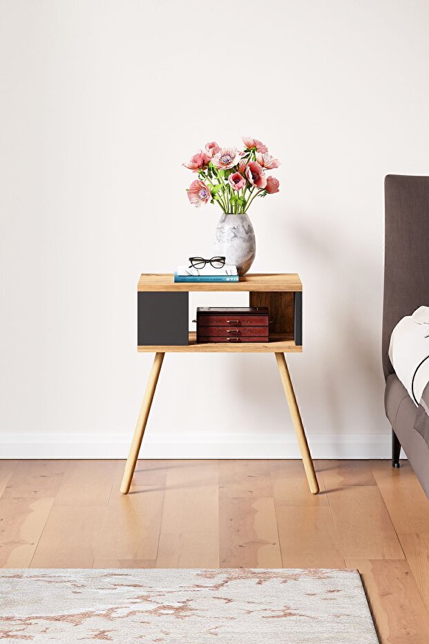 Ahşap Ayaklı Dekoratif Raflı Komodin - Atlantik Çam - Antrasit Gri - 4