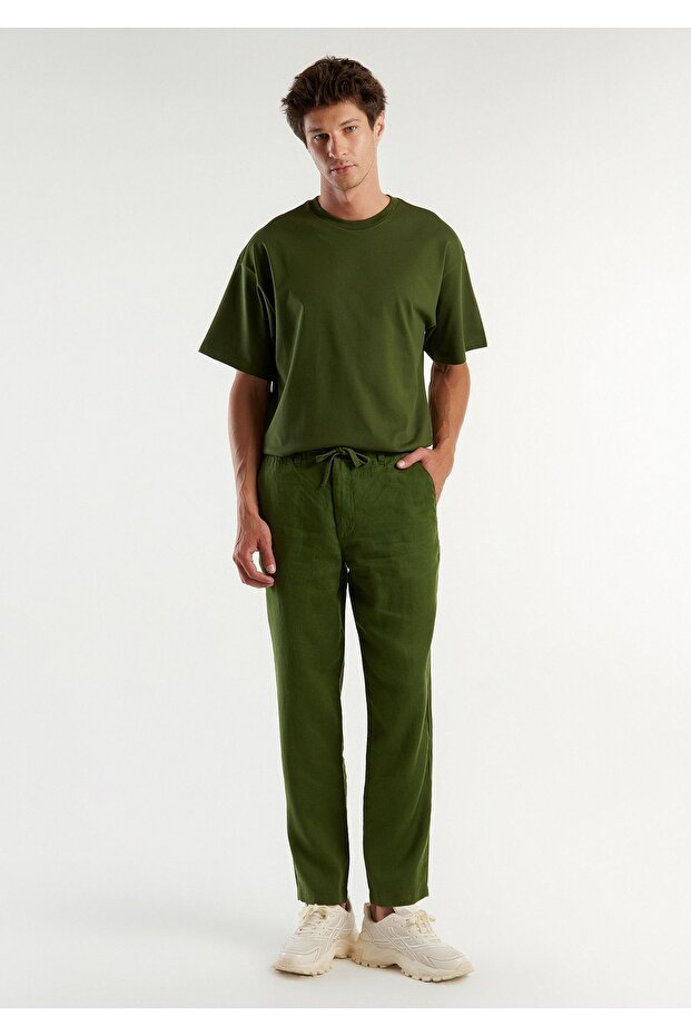 Men's Dark Green 100% Linen Drawstring Waist Trousers