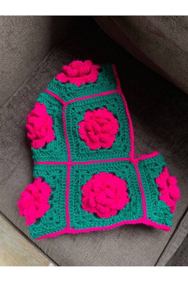 Gül Motifli Crochet Balaclava El Örgüsü Boyunluklu Bere,Örgü Şapka - 1