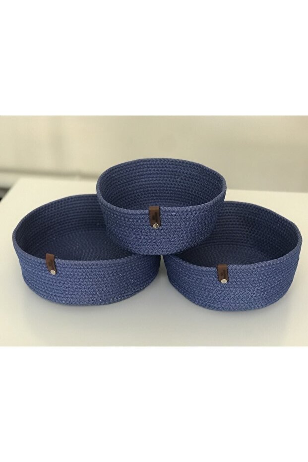Multi-Purpose 3-Piece Basket, Jute Rope Knitted Basket, Decorative Basket Set, Wicker Basket Set, Cotton Rope - Blue