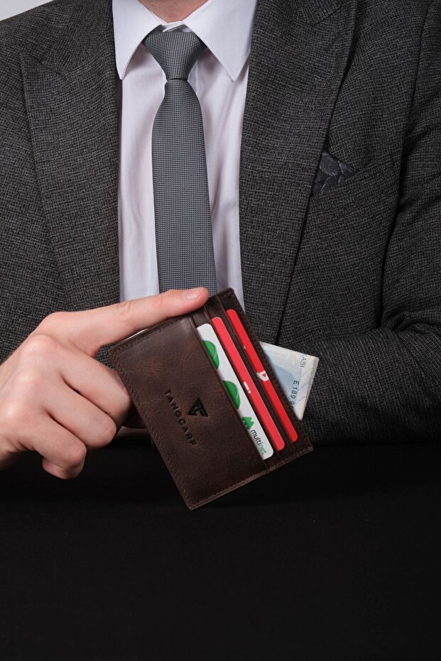 Genuine Leather Men's Card Holder Wallet Rfid Protected Handmade And Thin Design Brown