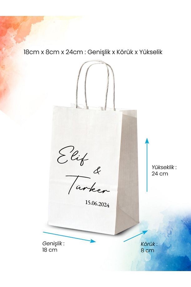 50 Adet Tek Yön Kişiye Özel Isim Baskılı Kağıt Çanta/Poşet 18x8x24 cm (BT113-50) - 1
