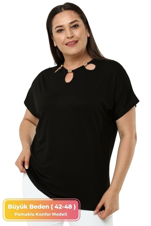 Plus Size Comfort Model Stylish Collar Detailed Tights Over Cotton Short Sleeve Luxury Evening Dress Tunic T-shirt