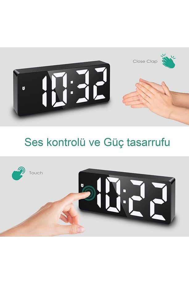 LED ayna dijital masa saati, elektronik çalar saat, takvim termometre, parlaklık, erteleme fonksiyon - 3