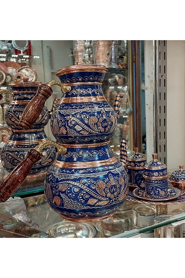 Çeyiz Seti 2'li Set Bakır Fincan Takımı 2 Kişilik & Bakır Çaydanlık Türk Kahvesi Bakır Kahve Takımı - 2