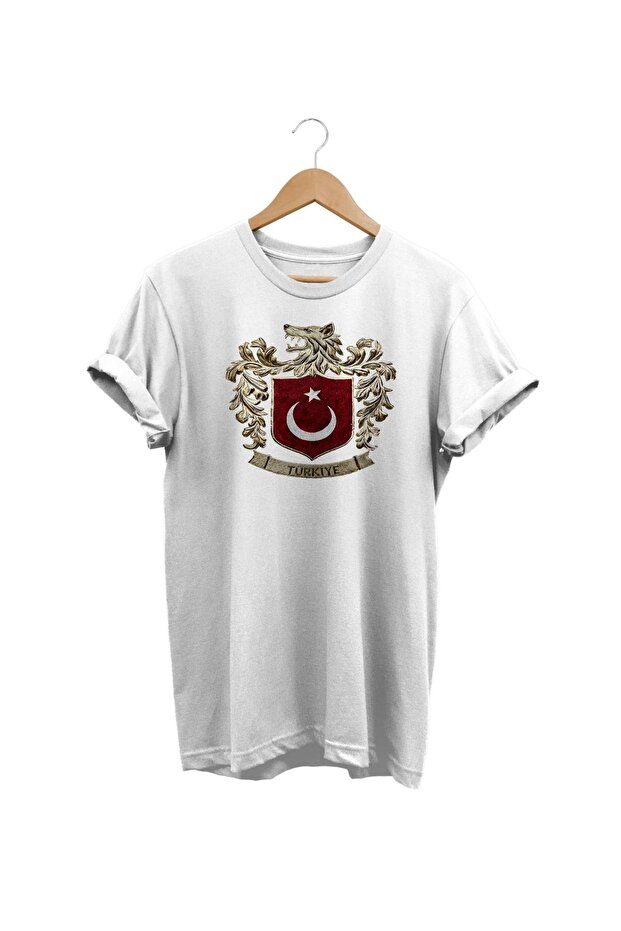 Gray Wolf Symbol and Turkish Flag Turkey Wolf Printed Regular Fit 100% Cotton White T-Shirt