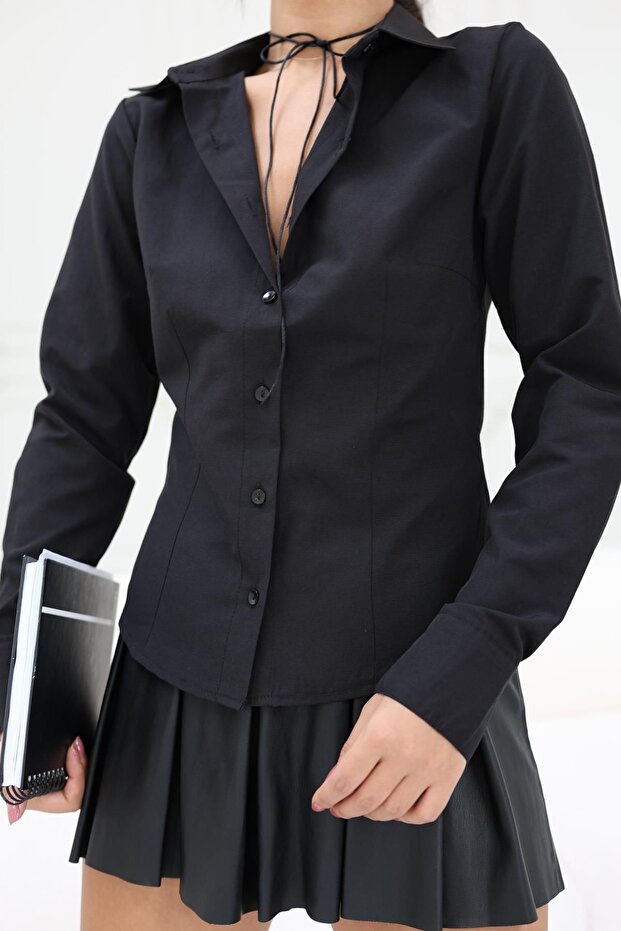 Women's Fit Cut Woven Shirt with Cuffs - Black