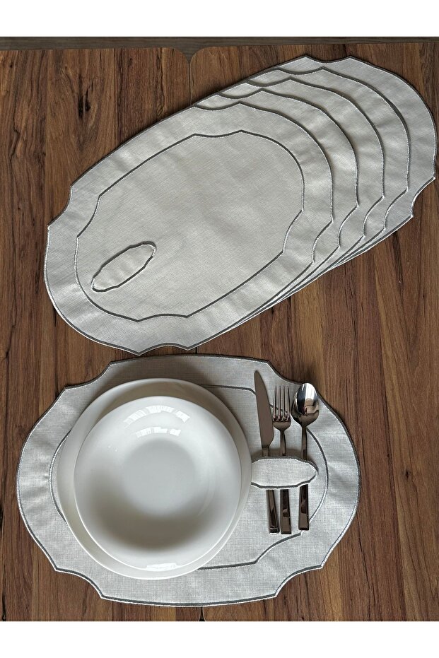 6 Pieces Silver Color Embroidered Oval American Serving Plate with Spoon