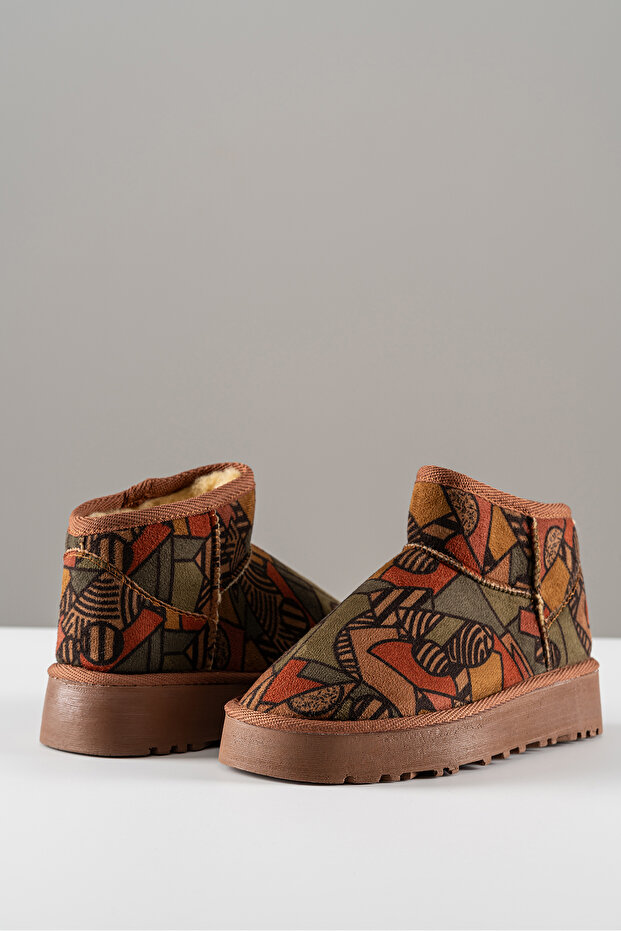 Women's Brown Ethnic Patterned Suede Laceless Boots