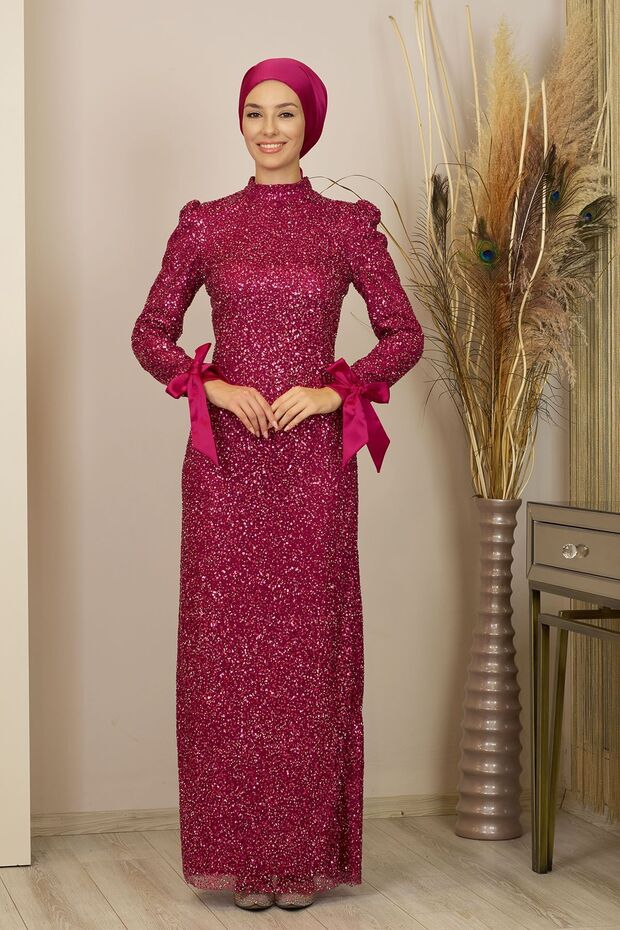 Sequin-Embellished Sultan Evening Dress with Bow Sleeves