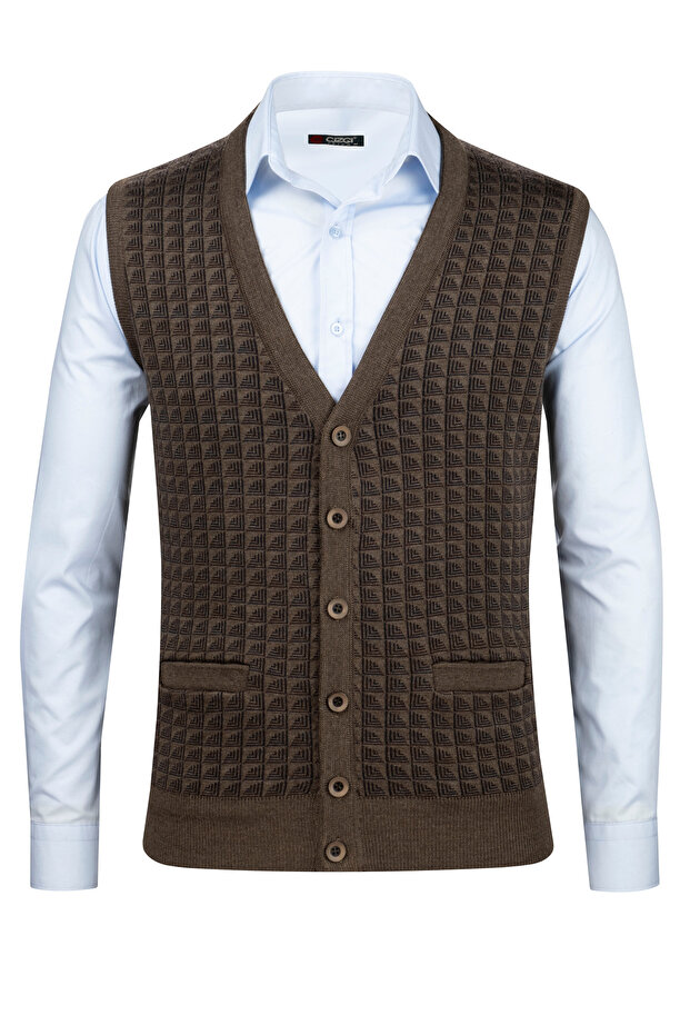 Men's Knitwear V-Neck Brown Vest Buttoned Pocket Detail Patterned Steel Knit - 5002L