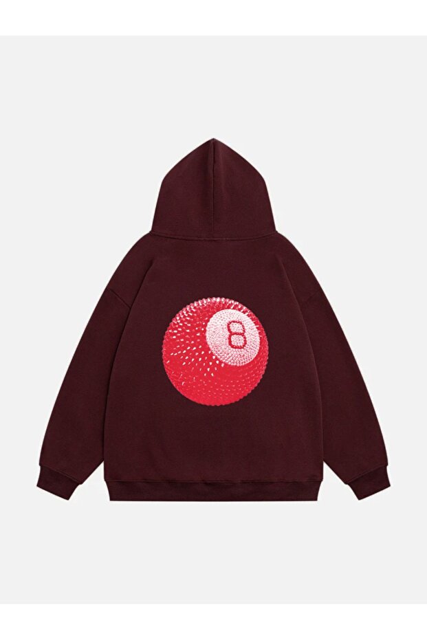 Unisex Red 8 Ball Printed Hooded Fleece Oversize Sweatshirt