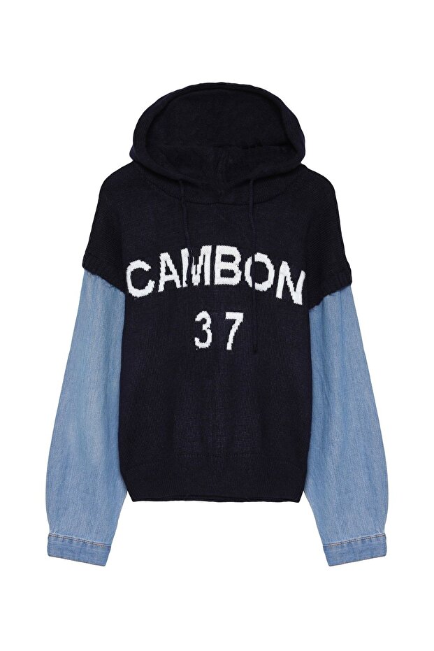 Denim Sleeve Match Hooded Sweater Navy Blue