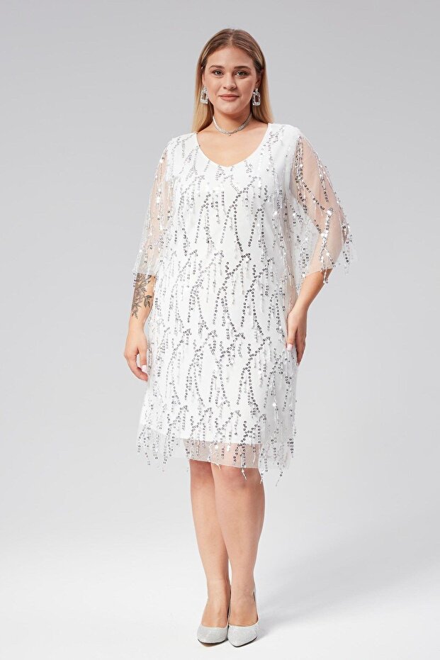 Plus Size V-Neck Fringe Sequin Embroidered Evening Dress-White