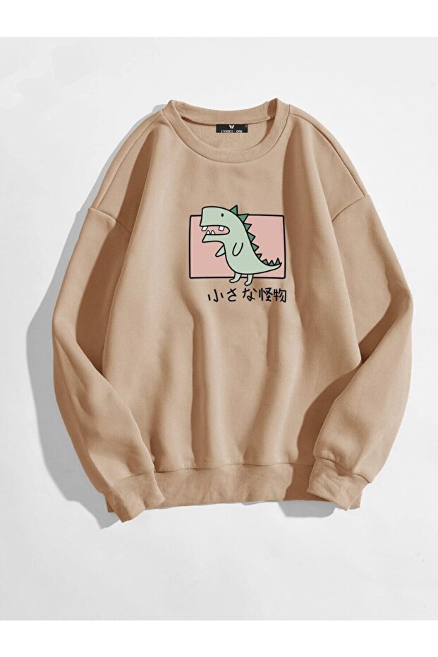 Women's 3 Thread Mink Dinosaur Printed Oversize Sweatshirt