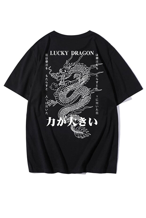 Men's Black T-shirt Lucky Dragon Printed Oversize T-shirt
