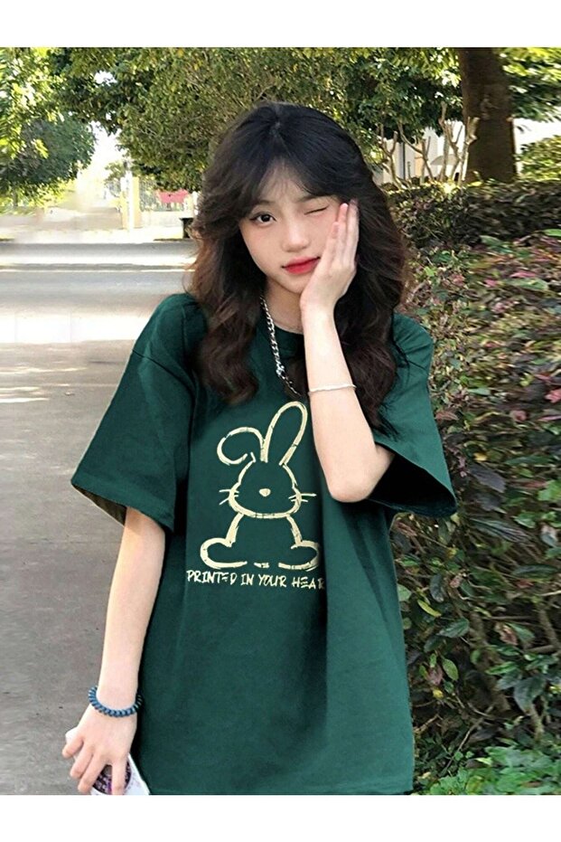 Women's Nephti Green Printed Rabbit Printed Oversize T-shirt