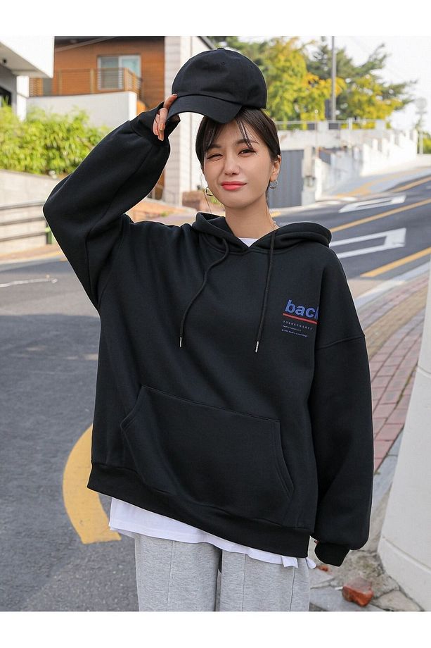 Kadın Siyah Back Baskılı Oversize Sweatshirt - 4