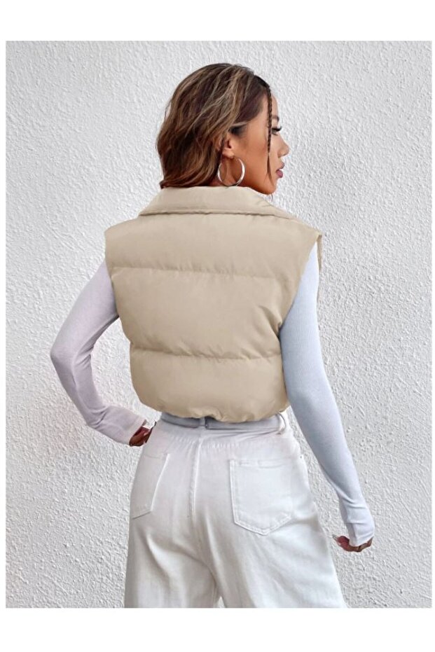 سترة قابلة للنفخ بسحاب باللون البيج - 2