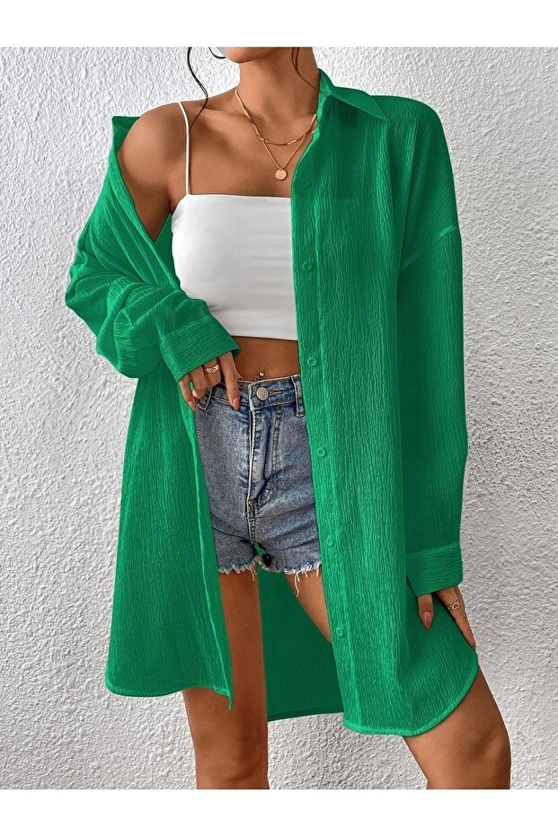 Cămașă lungă oversize verde de damă - 5