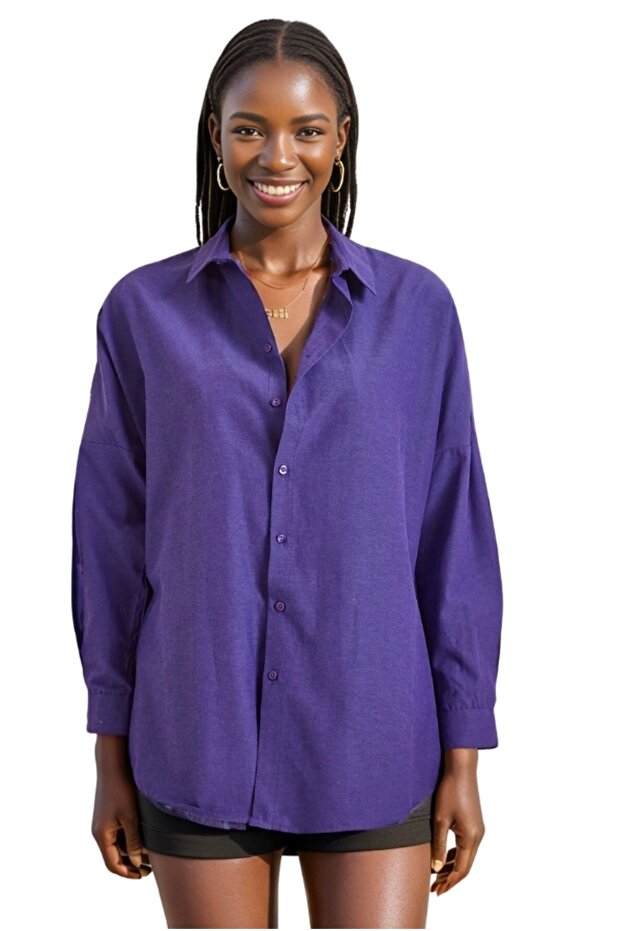 Kadın Mor Oversize Uzun Basic Gömlek - 3