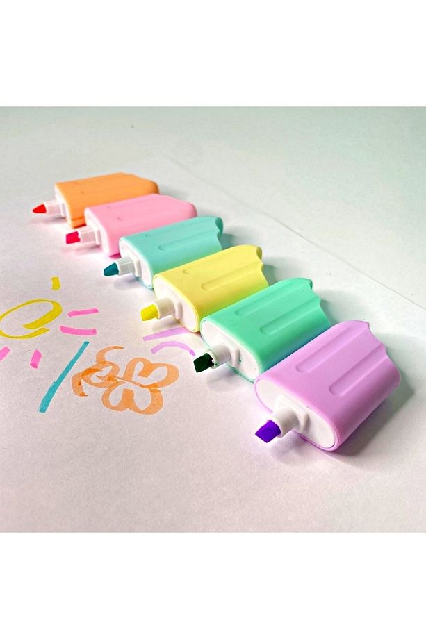 6 Renk Mini Dondurma Fosforlu Kalem Seti - Okula Dönüş, Sevimli Okul Hediyesi (6 Renkli Highlighter) - 3