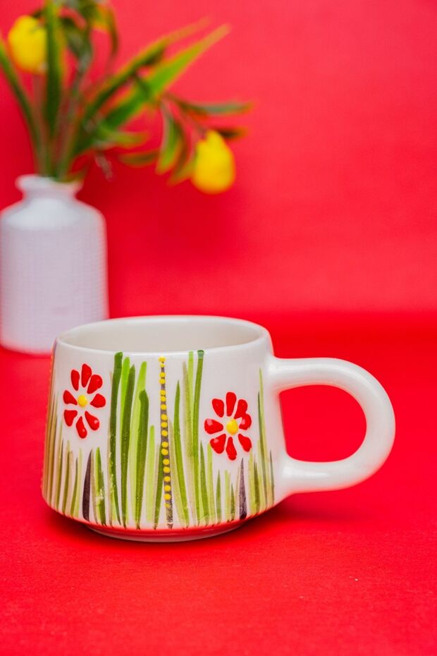 El Yapımı Seramik 6'lı Kahve Fincan Seti, Double Kupalar, Seramik Kırmızı Temalar Kahve Fincanı, Mug - 4