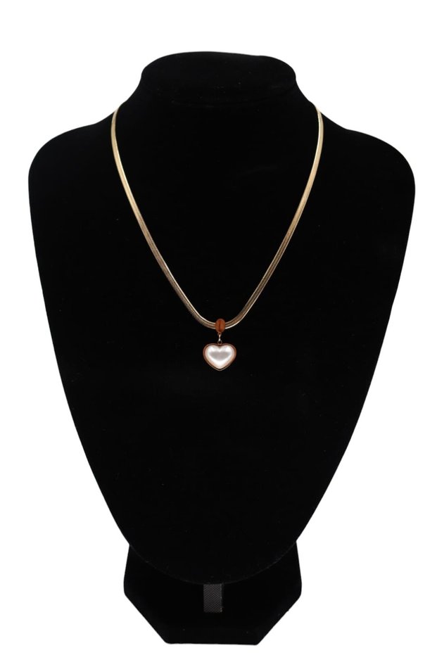 Heart-Shaped Steel Necklace, Gold with Mother-Of-Pearl Stone, Heart-Shaped Steel Necklace.