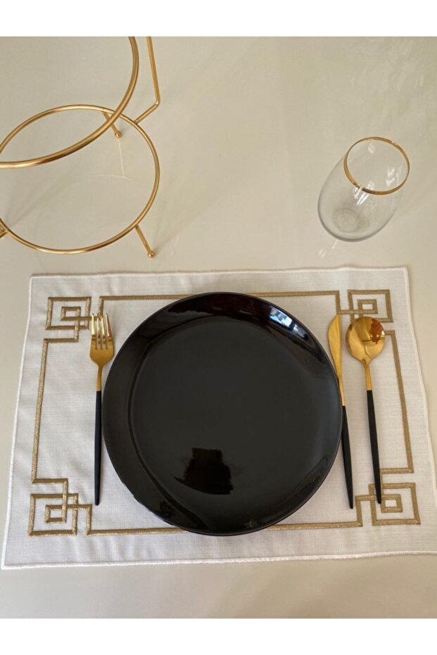 Set of 6 Placemats Geometric Embroidered Gold Glitter