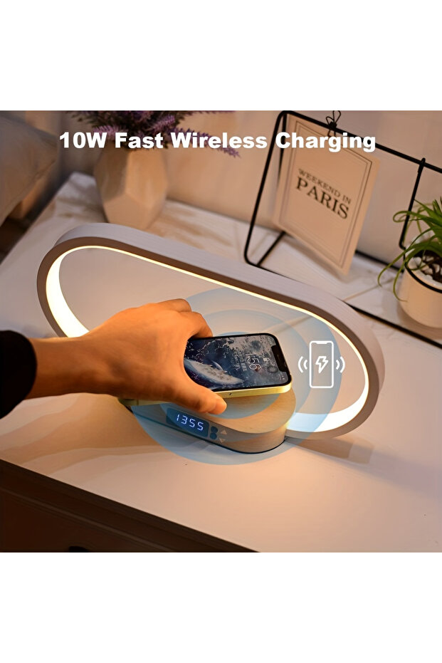 Çok Fonksiyonlu Kablosuz Şarj Standı Saat Led Masa Lambası Usb Portu Hızlı Şarj Istasyonu - 3
