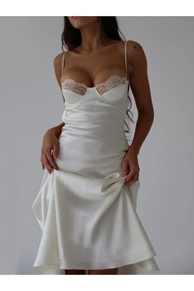 White Satin Midi Gecelik - 1