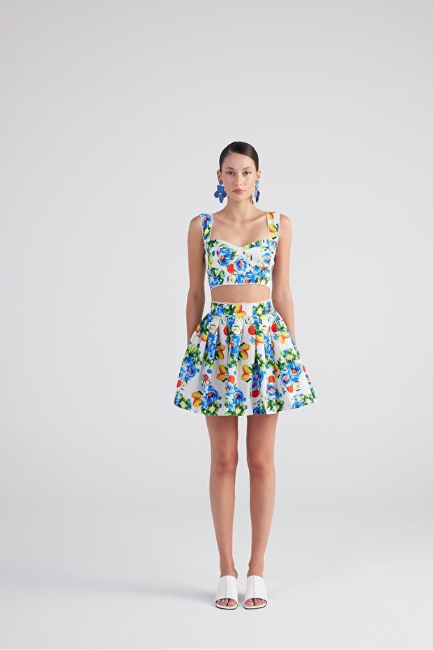 Patterned Pocketed Mini Ravello Skirt Blue