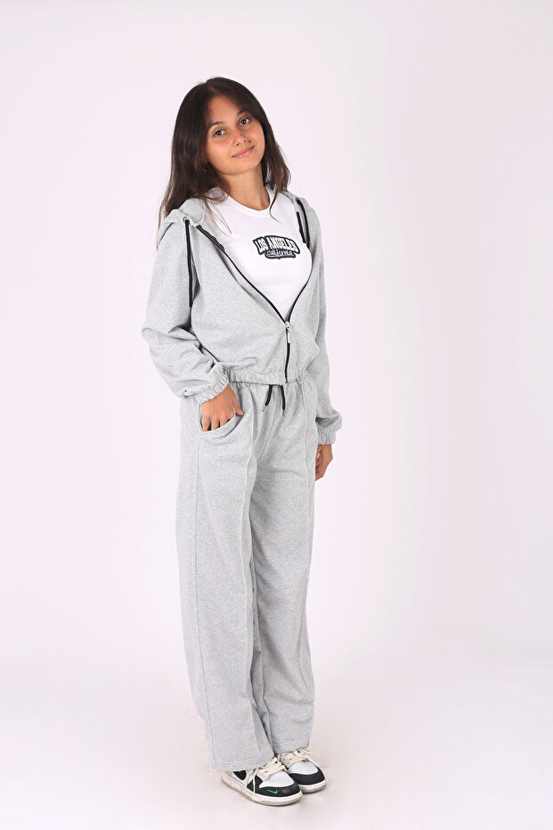 Lány tréningruha szett kapucnis Crop kabáttal és széles szárral - 3 darabos készlet - 4