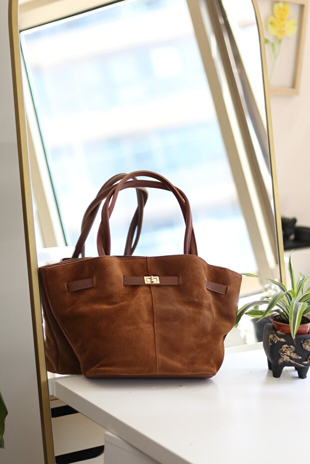 Women's Camel Suede Large Shoulder Bag with Gold Buckle Detail