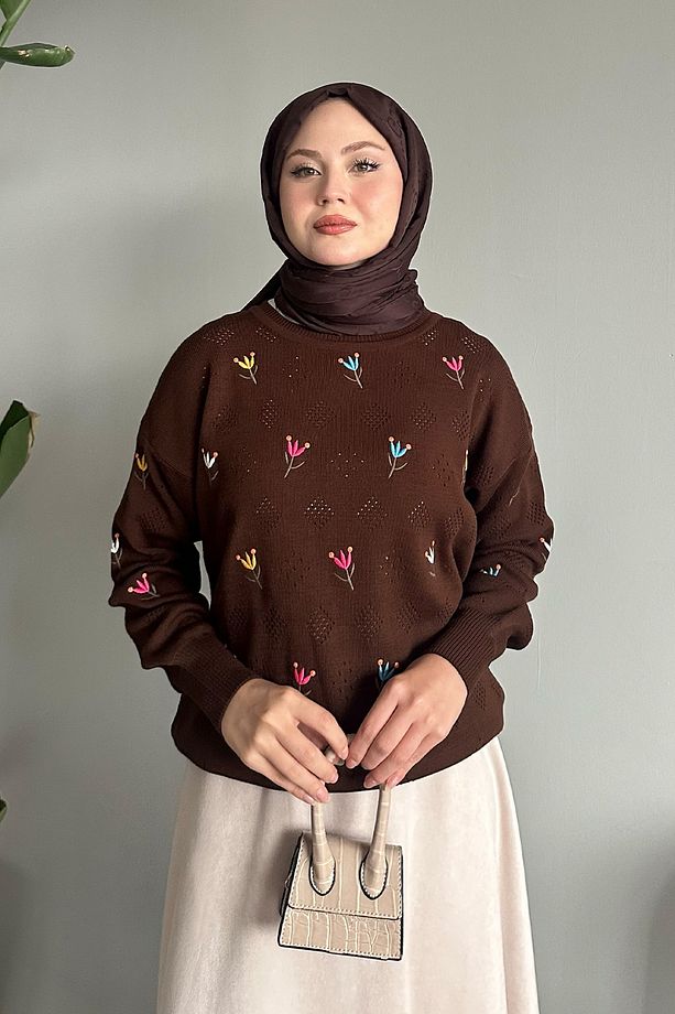 Gül Motif Ajurlu Acı Kahve Triko Kazak - 5