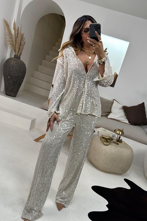 Sequin wide leg pants stone