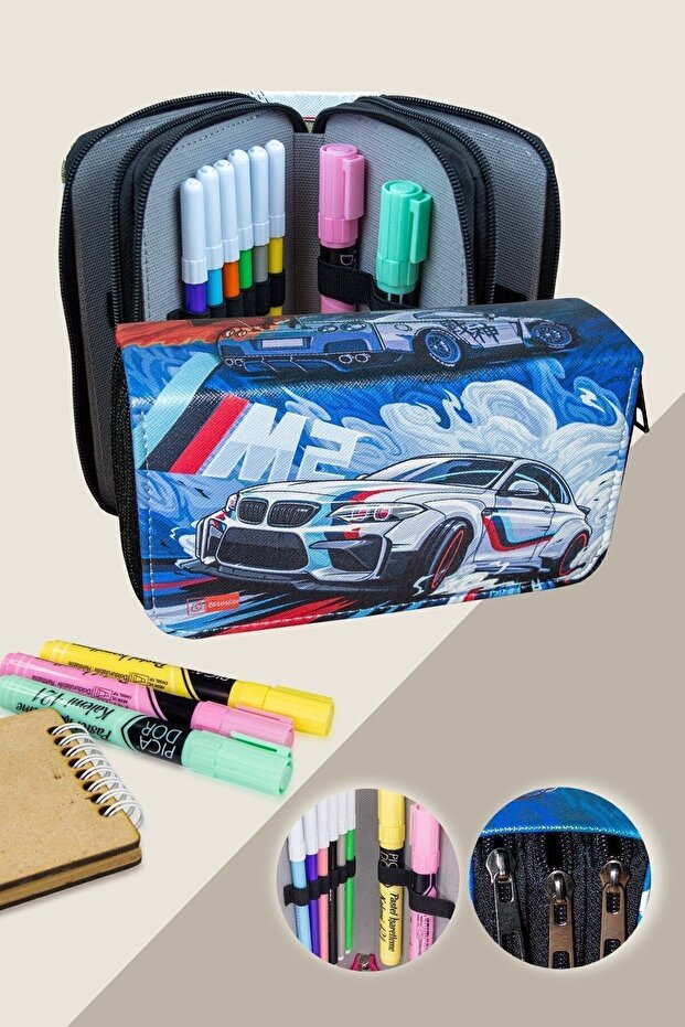 Pencil Case Cars Themed Orginazer Three Compartment Vegan Leather (Pen Holder)
