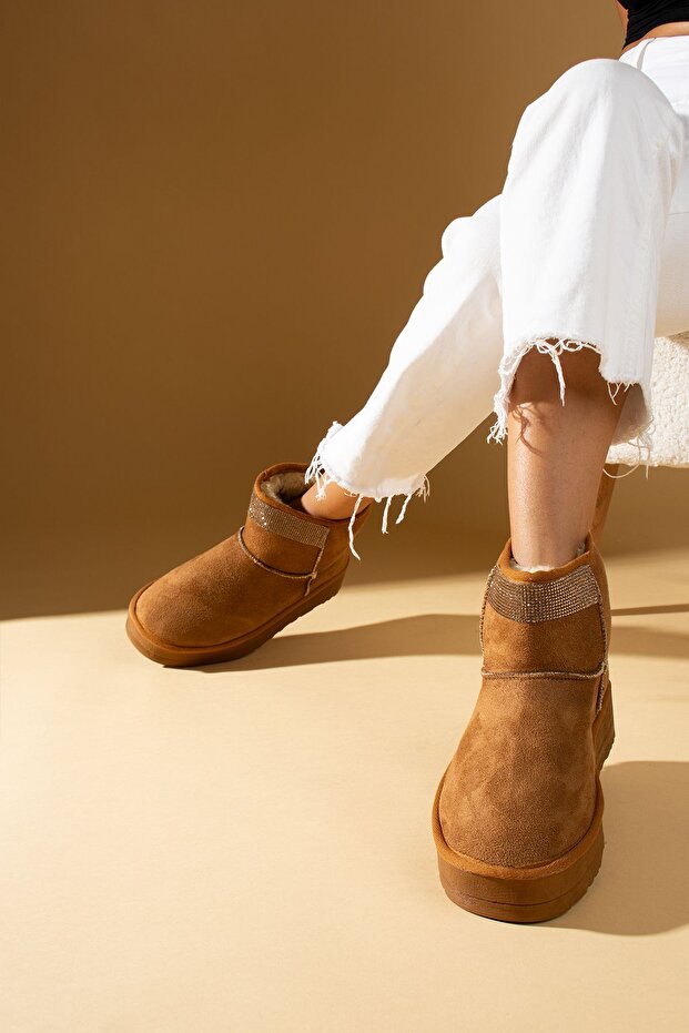 Kadın Taba Nubuk Yarım Bot Içi Tüylü Kalın Rahat Taban Taş Detaylı Bot Bootie Ayakkabı - 3