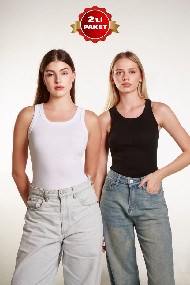 2Li Women's Ribbed Halter Neck T-Shirt Knitted Undershirt 2Lipack