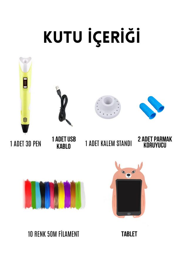 Pembe Geyik Grafik Tablet ve 3D Kalem 3D Pen USB Kablolu Üç Boyutlu Yazıcı Kalem Printer Set - Pembe - 3