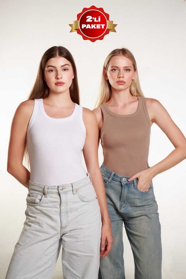 2Li Women's Ribbed Halter Neck T-Shirt Knitted Undershirt 2Lipack