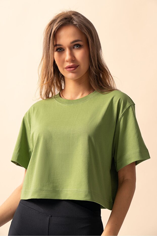 Women's Lime Oversize Crew Neck Crop T-Shirt